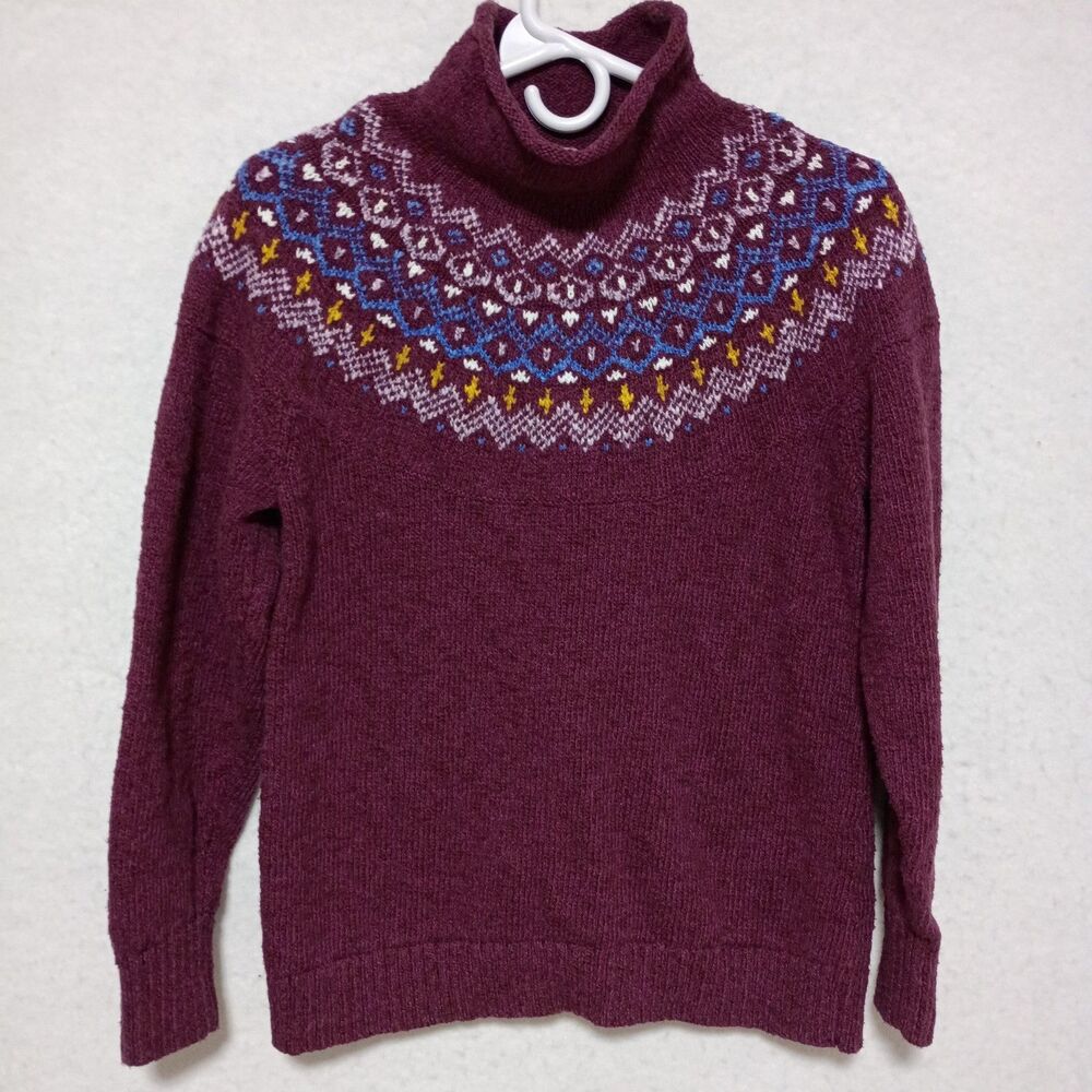 L.L. Bean Sweater Womens Large Purple Turtleneck Fair Isle Knit Nordic Cotton